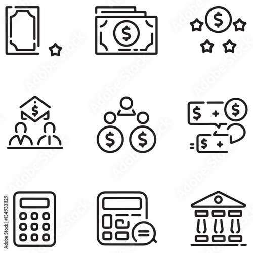 Loan of web icons in style. Loan and Credit linear icon collection. Containing loan, money, credit rating, business, leasing, interest, calculator, income, banking and more.