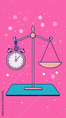 Activity routine productivity Balance. A colorful illustration of a scale balancing a clock, symbolizing the relationship between time and fairness.
