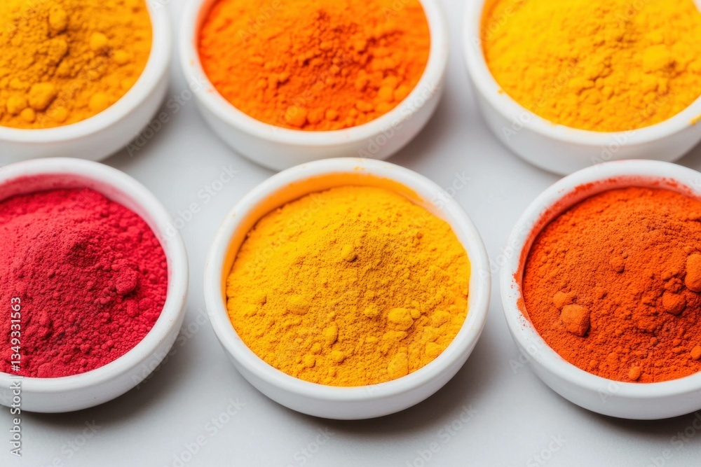 Colorful spices in white bowls showcasing vibrant yellow, orange, and red powders, perfect for culinary art, cooking, and healthy lifestyle, with a focus on spices Colorful spices in white bowls showcasing vibrant yellow, orange, and red powders, perfect for culinary art, cooking, and healthy lifestyle, with a focus on spices