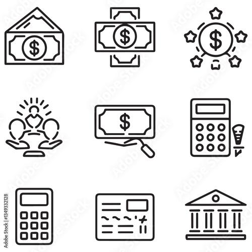 Loan of web icons in style. Loan and Credit linear icon collection. Containing loan, money, credit rating, business, leasing, interest, calculator, income, banking and more.