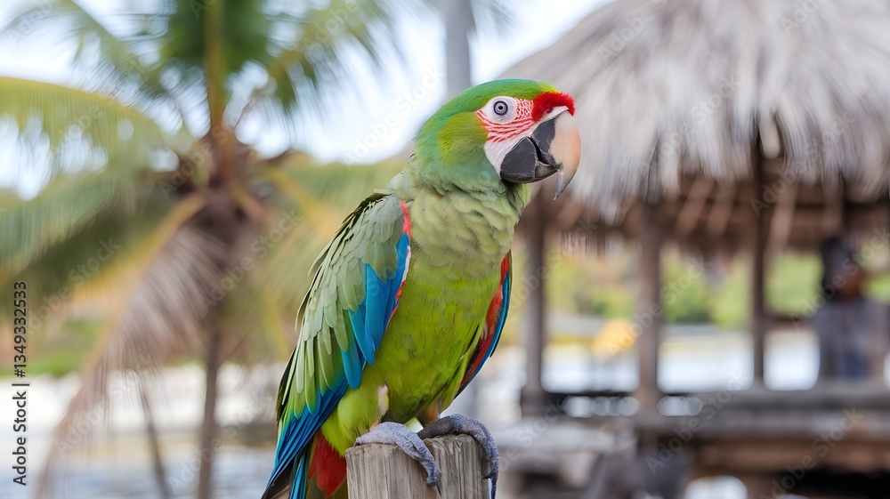 Obraz premium Tropical colorful parrot perched on a wooden post