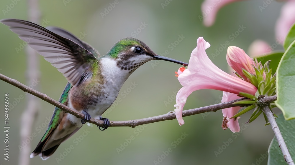 Fototapeta premium Hummingbird feeding on pink flower