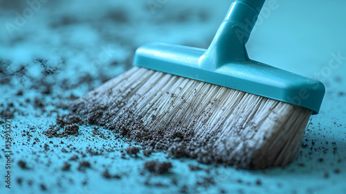 A diligent broom sweeps away the day's dust, leaving a clean teal surface behind in a close-up shot.