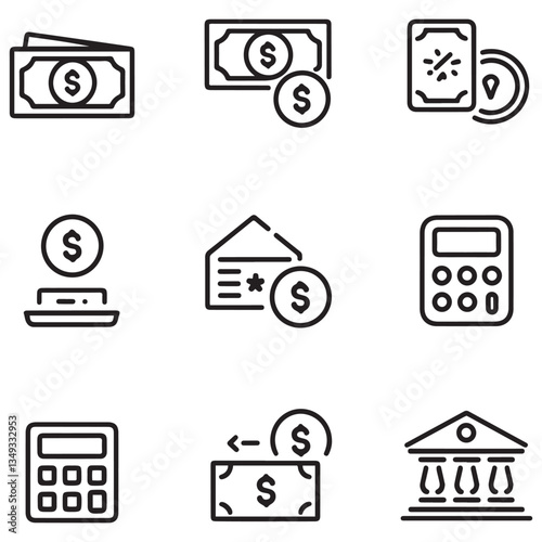 Loan of web icons in style. Loan and Credit linear icon collection. Containing loan, money, credit rating, business, leasing, interest, calculator, income, banking and more.