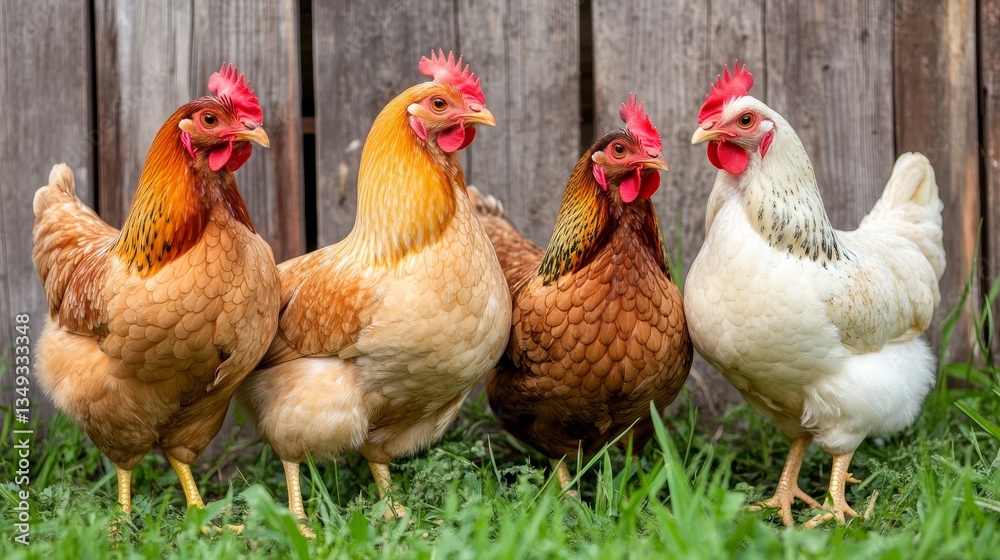 Four vibrant chicken standing in a lush green field with a rustic wooden fence in the background Four vibrant chicken standing in a lush green field with a rustic wooden fence in the background