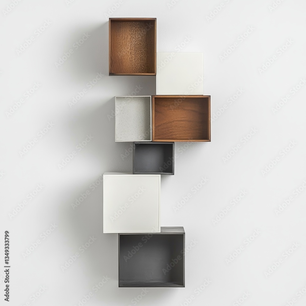 Fototapeta premium Tall Narrow Wall Shelf with Overlapping Square Boxes - Modern Minimalist Decor