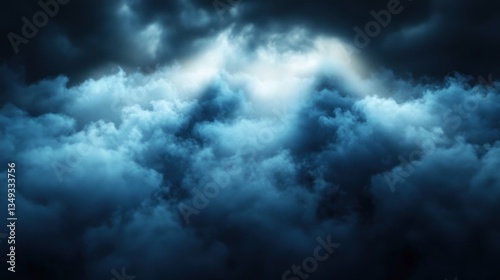 Dramatic night sky, stormy clouds, light rays piercing through