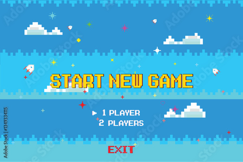 start new game, pixel game background, nature landscape with blue sky and white clouds, 8 bit pixel video game, arcade interface and stars, computer game