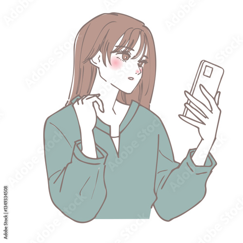 スマホを手に持ち考えている女性
