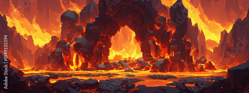 Wallpaper Mural Volcanic archway piercing through molten lava field, revealing intense geological forces and glowing rocky landscape anime style game interface illustration Torontodigital.ca