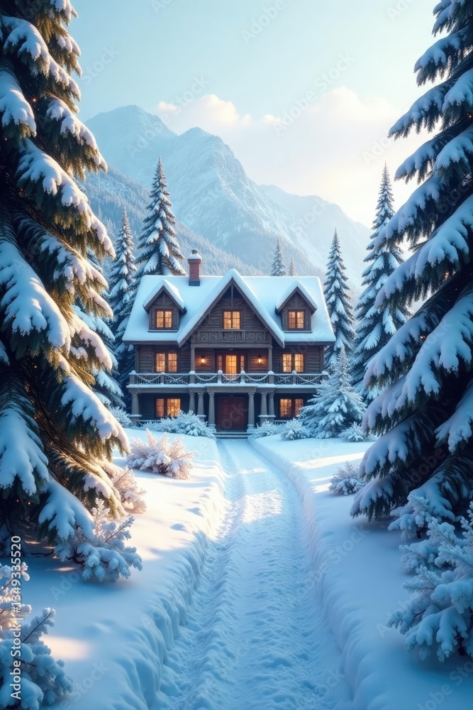 Naklejka premium Snow-covered pine trees surround the luxurious mansion, forest, frosty