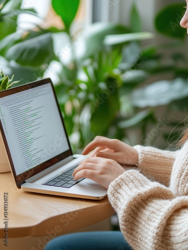 Coding Amidst Greenery: A person intently focused on coding, fingers dancing across the keyboard of a laptop, nestled within a cozy interior space filled with lush plants.
