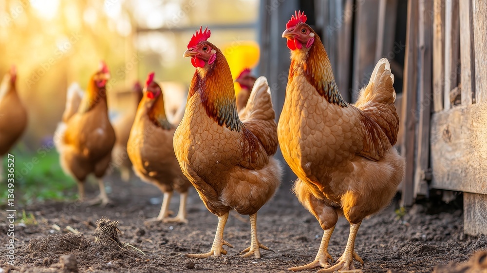 A group of chicken walking on a farm at sunset, with a rustic barn in the background A group of chicken walking on a farm at sunset, with a rustic barn in the background