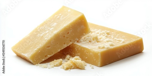 Distinctive blocks of aged cheese with crumbly texture on a plain background ready for culinary use