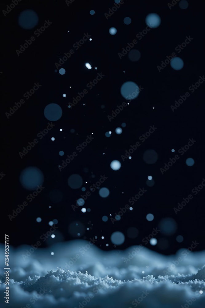 Naklejka premium Sparkling snow flakes fall gently on a pure black background, cold, winter, frosty