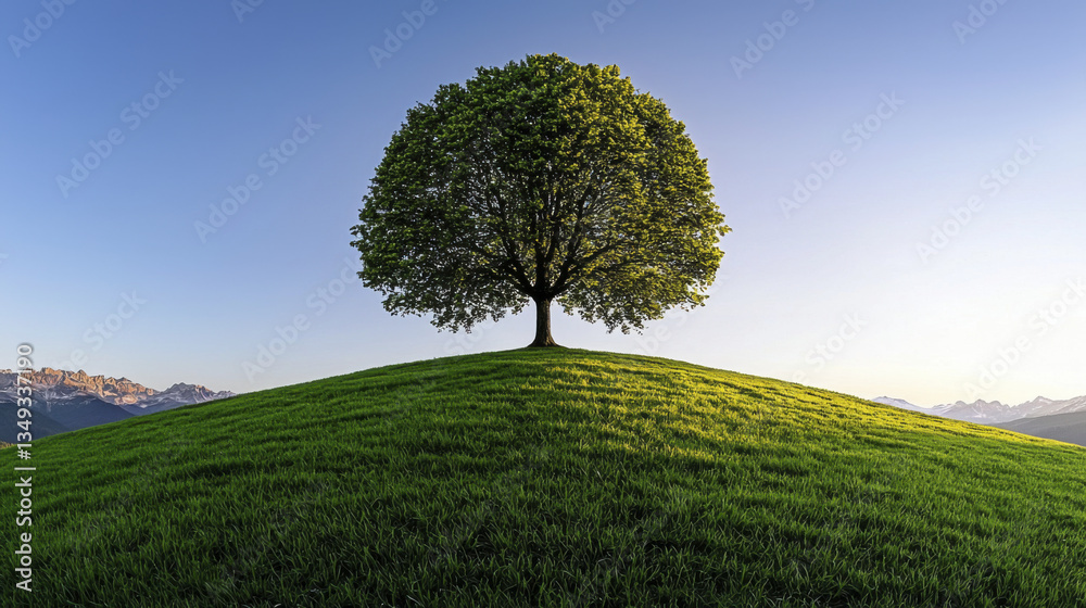 Obraz premium solitary tree stands majestically on lush green hill under clear blue sky