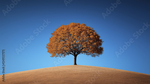 solitary tree with autumn leaves stands on hill under clear blue sky