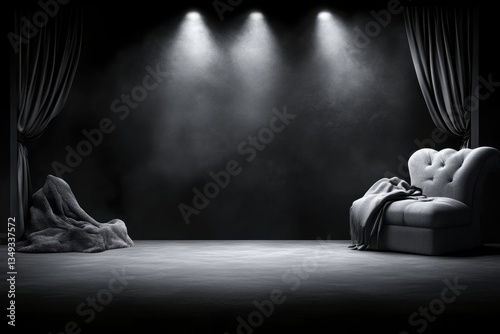 Dark stage with couch under spotlights