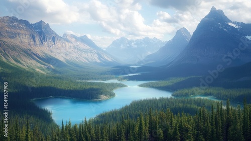 Breathtaking Panoramic View of Turquoise Lake Nestled in Majestic Canadian Rockies
