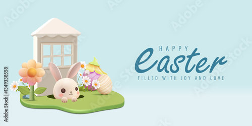 Happy Easter Day Design with Cute Bunny Vector Illustration. Egg Hunt Party Concept. Suitable for Poster Banner Flyer and Brochure Template