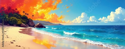 Abstract seascape painting, bold colors, beach elements , beach, colorful