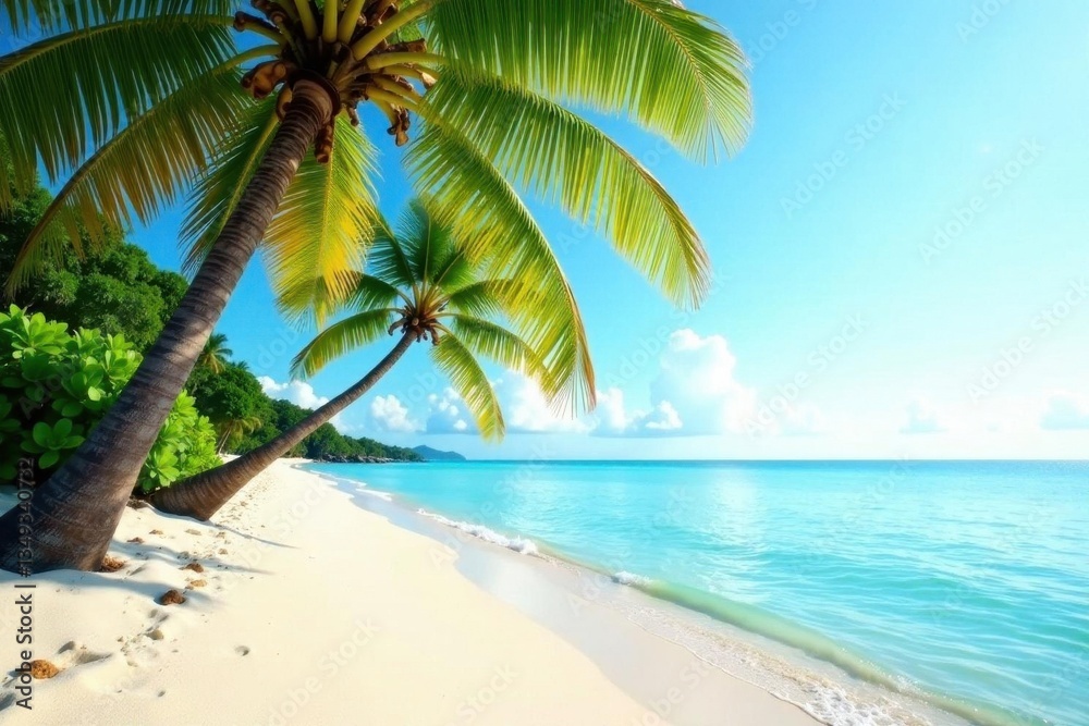 Fototapeta premium Palm trees sway gently, soft sand meets crystal clear water , sand, sky