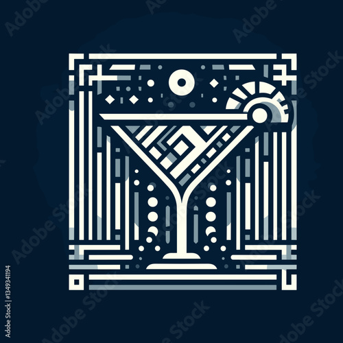 art deco style cocktail glass illustration with geometric patterns on dark background