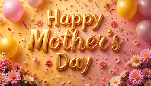 A yellow large text Happy Mothers Day on a festival background