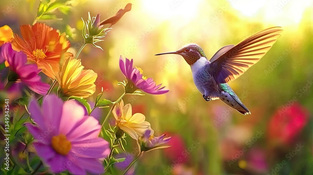 Fototapeta premium A hummingbird hovering near vibrant flowers, photo-realistic, high resolution, beautiful, vibrant colors, natural lighting, macro lens, high detail, high definition
