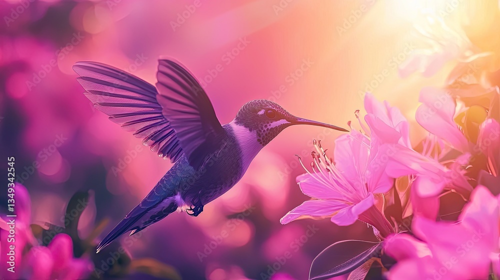 A hummingbird hovering near vibrant flowers, photo-realistic, high resolution, beautiful, vibrant colors, natural lighting, macro lens, high detail, high definition