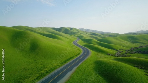 Wallpaper Mural Aerial view showcasing verdant highway curving through scenic hills, revealing dramatic landscape beneath azure sky Torontodigital.ca