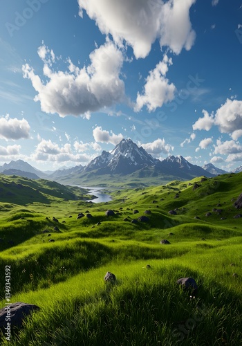 Serene Mountain Valley Landscape Lush Green Grass Blue Sky Majestic Peaks