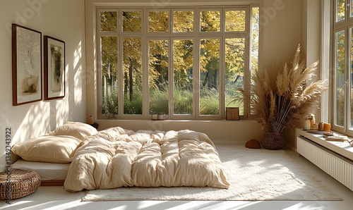 Simple Minimalist Bedroom Interior Design with Beige Bedding and Autumnal Window View