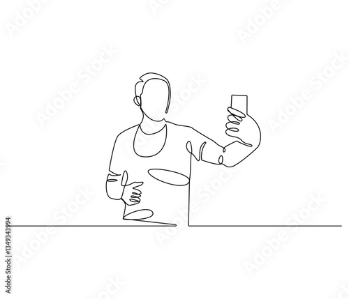 Continuous one line drawing of Man selfie with smartphone. Single line drawing illustration of man self photo. Influencer of social media concept vector art. Doodle line illustration.