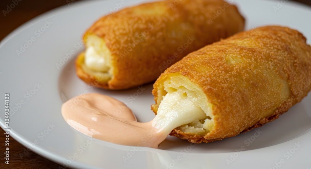 Crispy Potato Roll with Melted Cheese and Creamy Sauce on Plate Crispy Potato Roll with Melted Cheese and Creamy Sauce on Plate