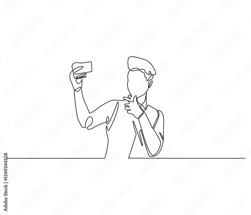Obraz premium Continuous one line drawing of Man selfie with smartphone. Single line drawing illustration of man self photo. Influencer of social media concept vector art. Doodle line illustration.