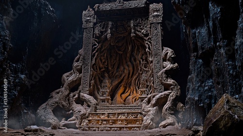 Ornate throne, carved roots, cave interior, mystical scene