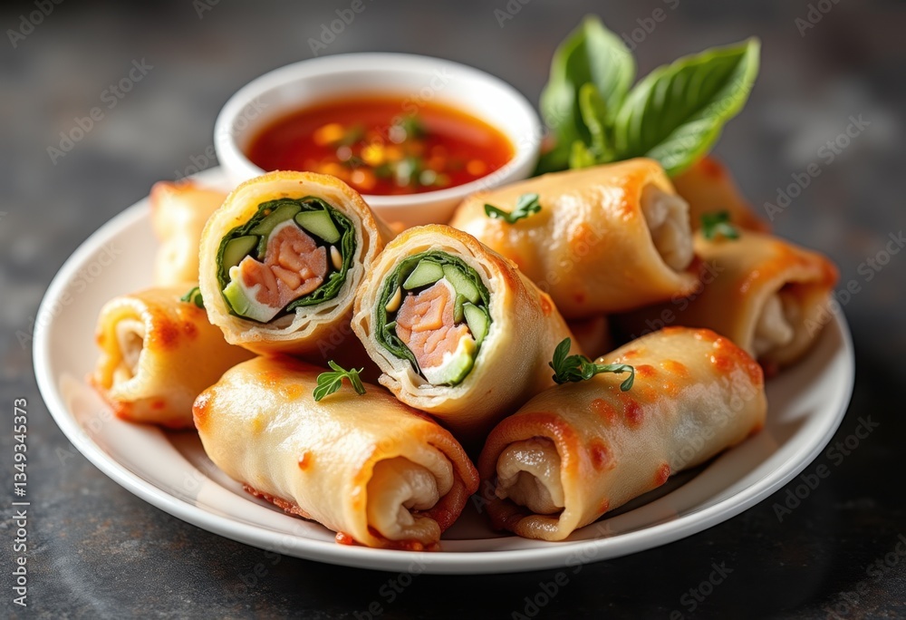 Delicious Chinese Spring Rolls with Dipping Sauce on Plate Delicious Chinese Spring Rolls with Dipping Sauce on Plate