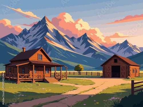  A ranch yard, with log house, barn, and corrals with mountains behind it