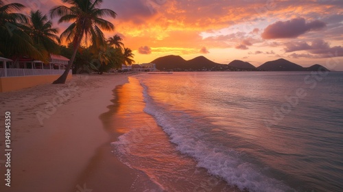 Serene tropical beach sunset with vibrant sky colors and gentle ocean waves