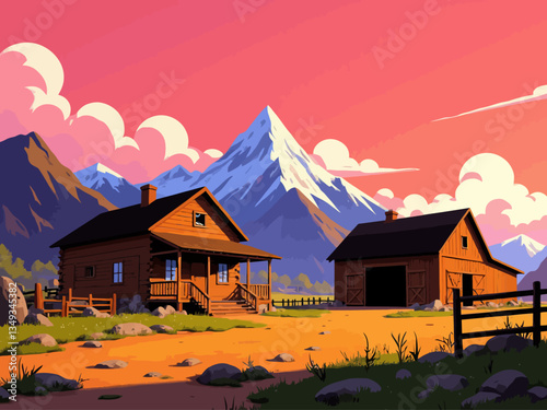 A ranch yard, with log house, barn, and corrals with mountains behind it