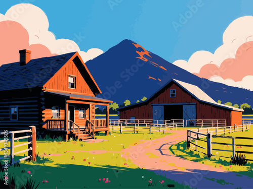  A ranch yard, with log house, barn, and corrals with mountains behind it