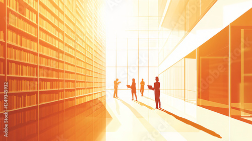 Group of people walking through a library filled with shelves of books while engaging in conversations about data ethics and research.