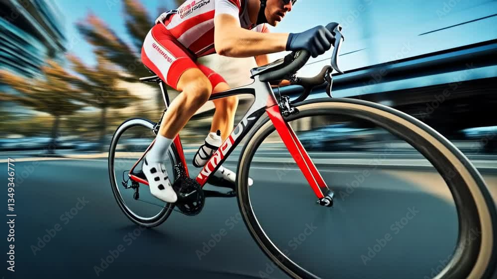A cyclist in bright red and white gear zips along bustling city streets. Trees line the road, and modern buildings create an energetic backdrop under a clear blue sky