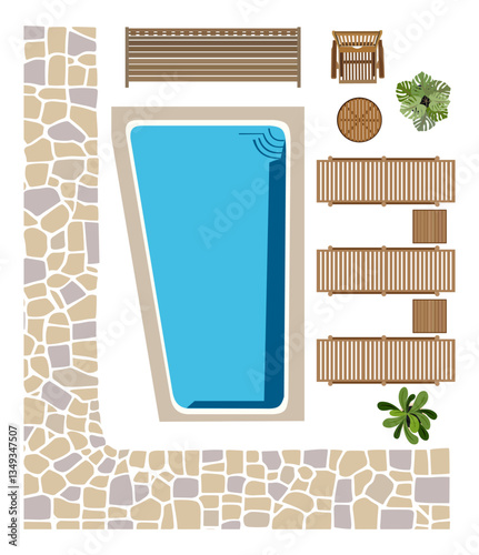Outdoor top view icons for landscape design plan. Bench, armchairs, table, plants, sunbed, swimming pool, terrazzo floor pattern for garden, back yard, resort. Vector illustration isolated.