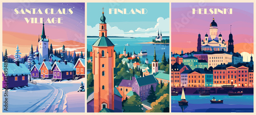 Set of Finland travel destination posters in retro style. Helsinki, Santa Claus village landscape vector colorful illustrations