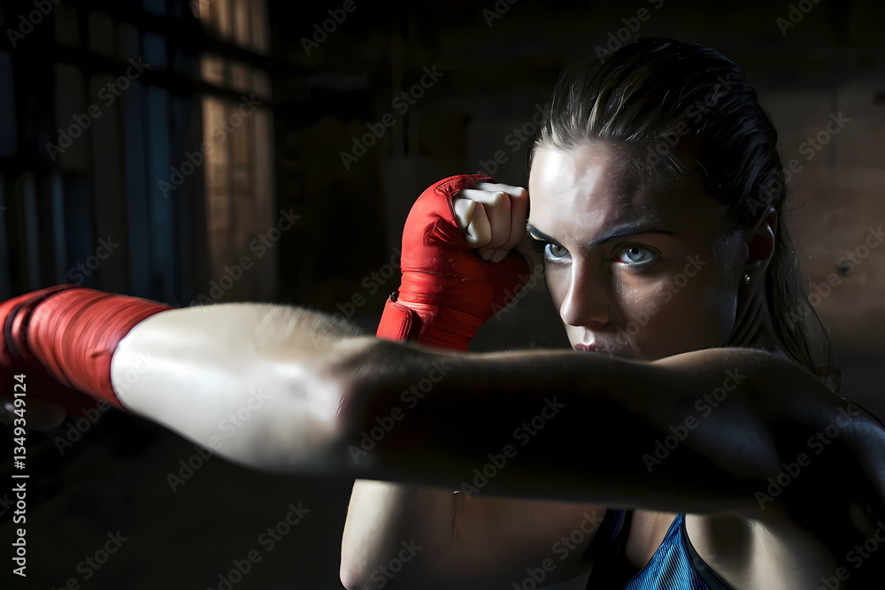 Fototapeta premium Female boxer throwing a punch during training in a gym