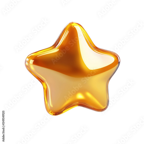 Shiny golden glass star with smooth reflective surface and 3D translucent effect, isolated on black background.