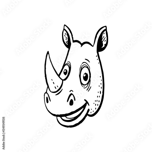 a cheerful cartoon rhino head smiling with glee. The rhino is in black and white, with a simple, friendly expression vector illustration
