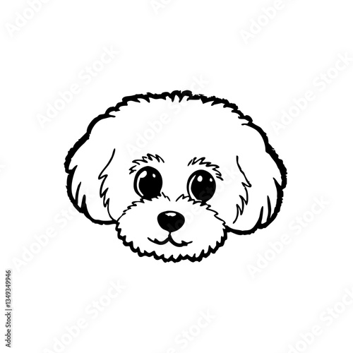 a close-up illustration of a fluffy white dog's face, showcasing its adorable features and innocent gaze. The dog has big, expressive eyes and a sweet smile